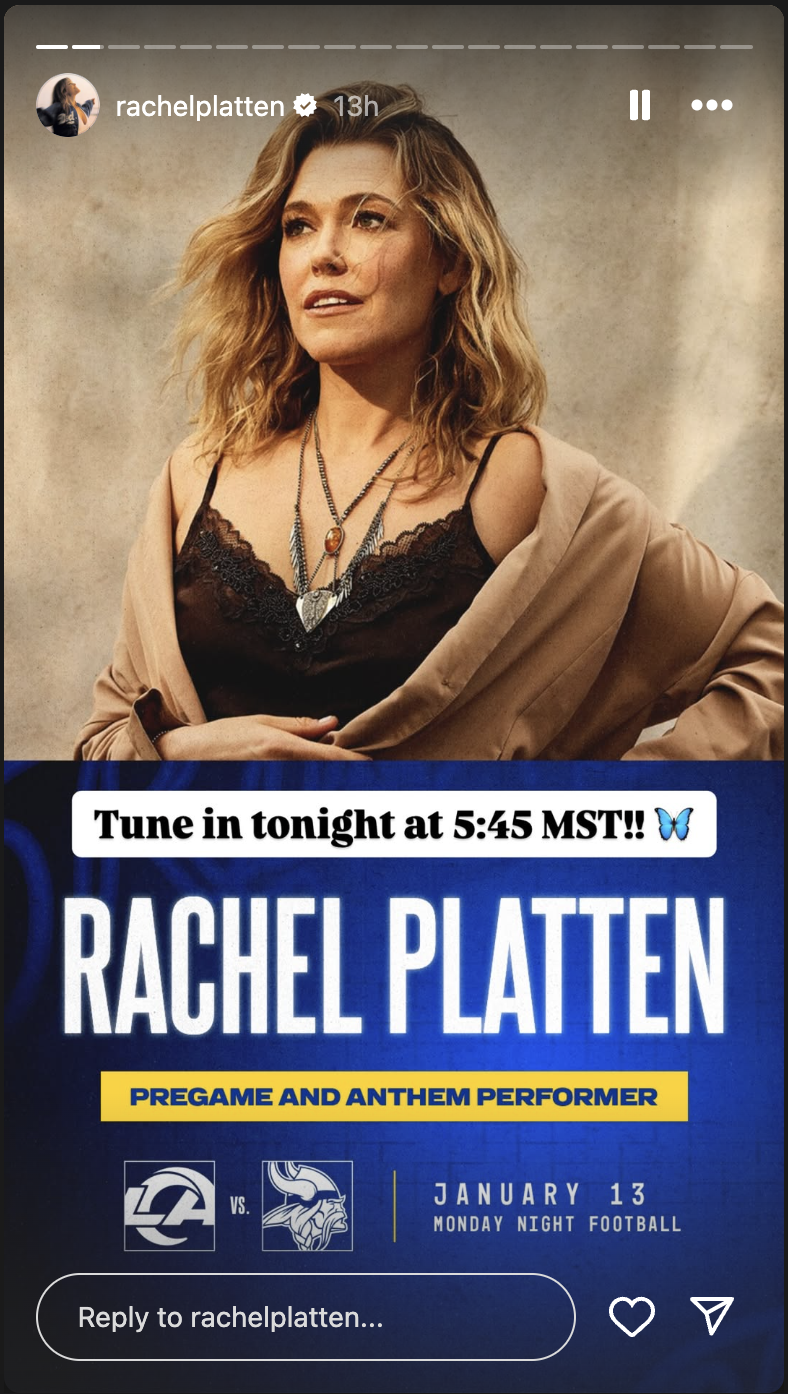 Rachel Platten announced the news of her performance at Monday's game, as seen in her Instagram story | Source: Instagram/rachelplatten