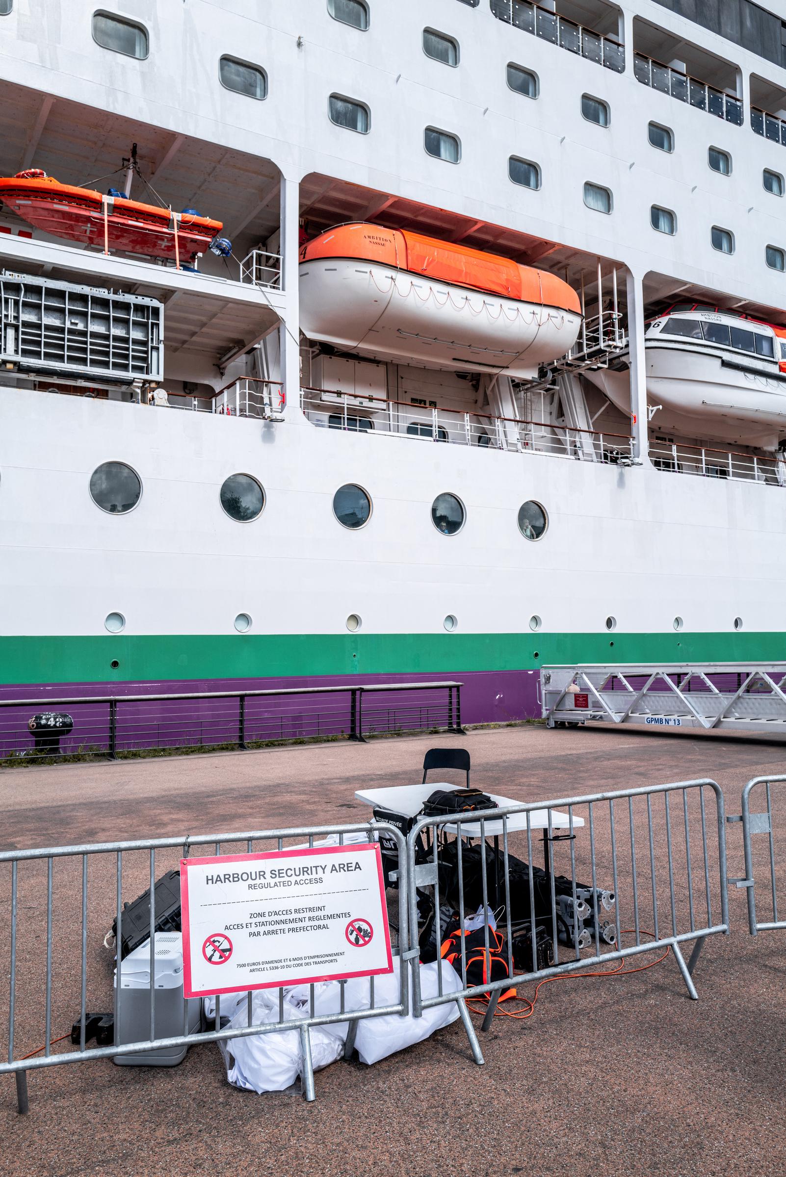 The cruise ship Ambition operated by Ambassador Cruise Line remains immobilized in the port of Bordeaux after several cases of acute gastrointestinal illness were reported among passengers and crew members in Bordeaux, Nouvelle Aquitaine, France, May 13, 2026. | Source: Getty Images