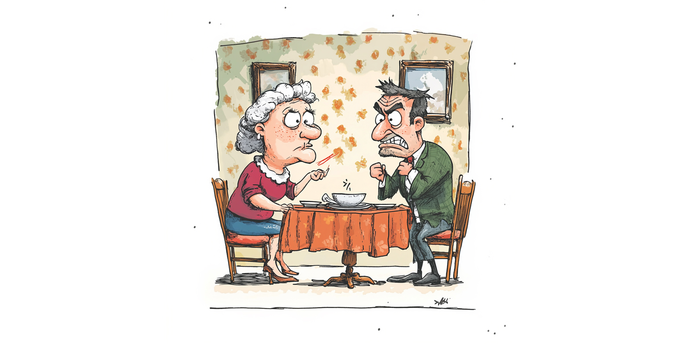 A cartoon depiction of an elderly couple arguing across a table | Source: Amomama