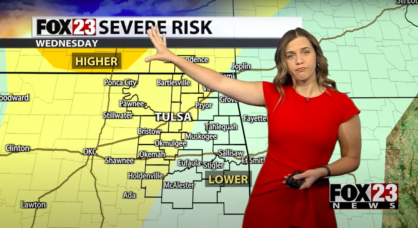 Laura Mock in a weather broadcast, posted on April 17, 2023 | Source: YouTube/FOX23 News Tulsa