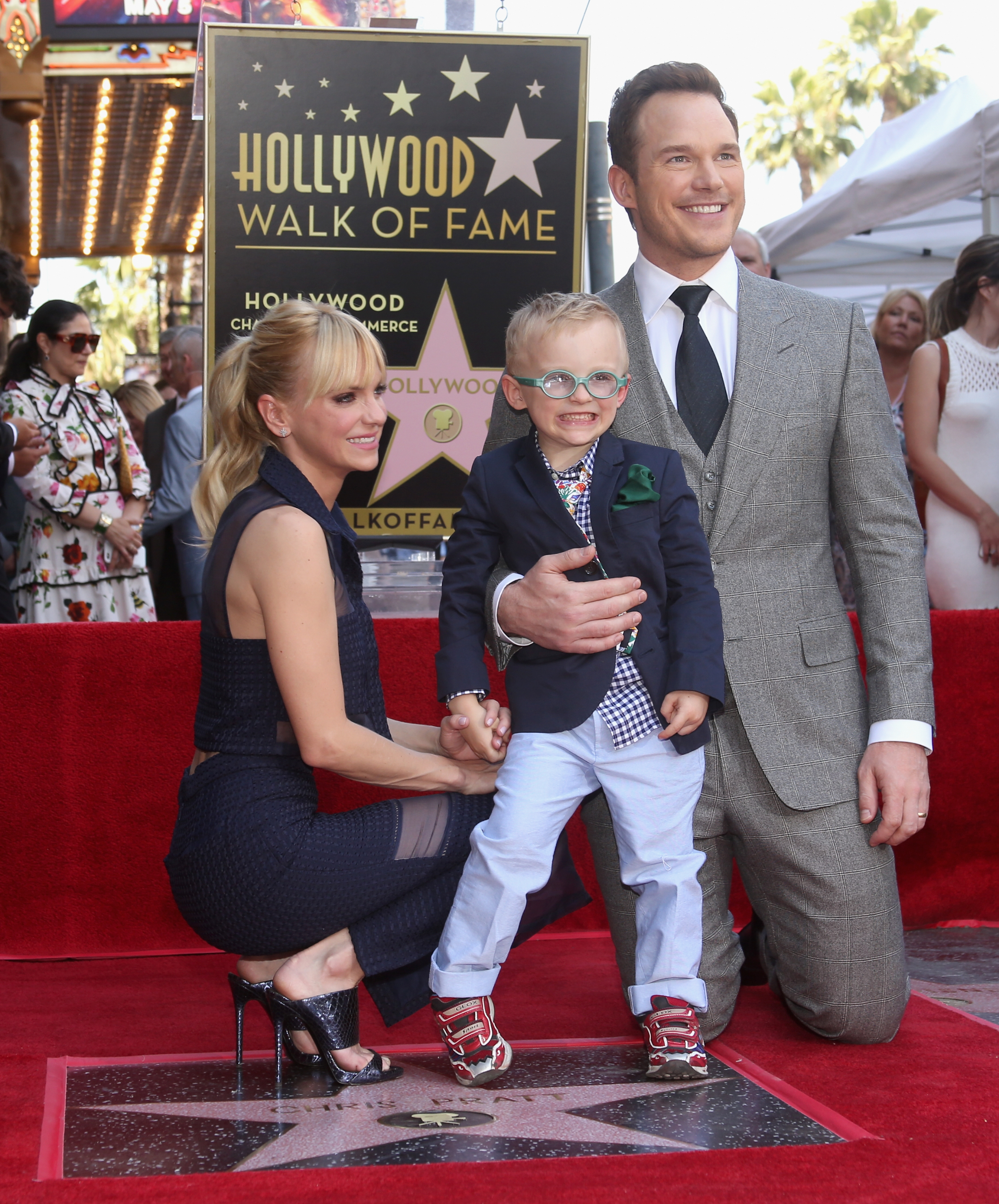 Anna Faris, Jack Pratt, and Chris Pratt pose together during Chris's Hollywood Walk of Fame star ceremony. The family celebrated the actor's career milestone as Jack stood proudly between his parents on the red carpet.