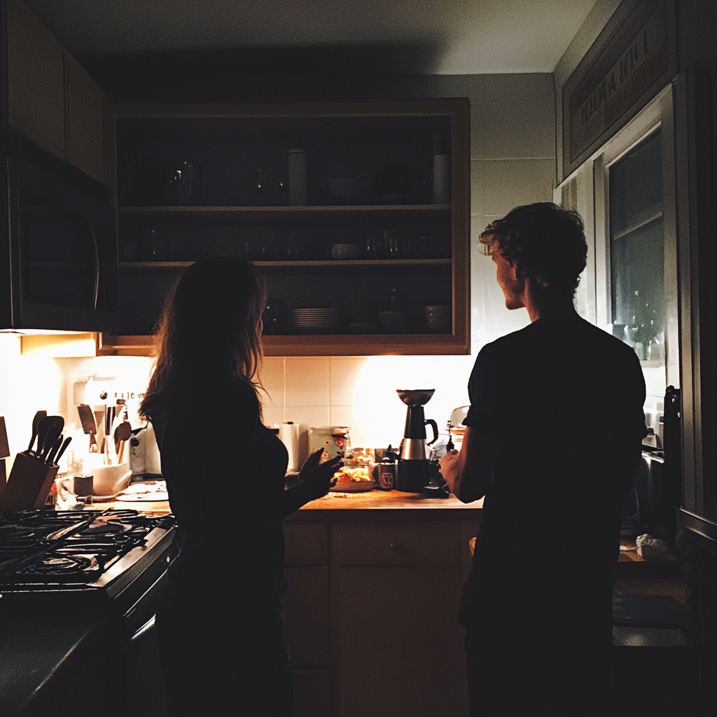 Um casal conversando na cozinha | Fonte: Midjourney