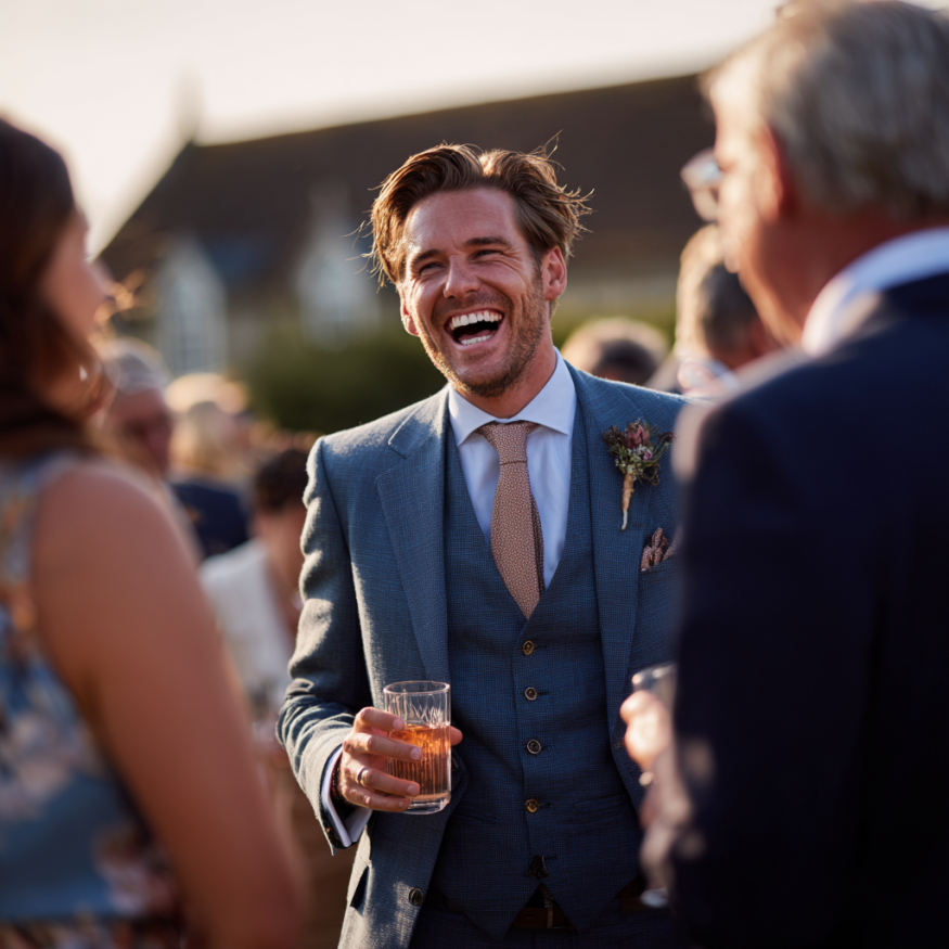 A groom laughing with wedding guests | Source: Midjourney