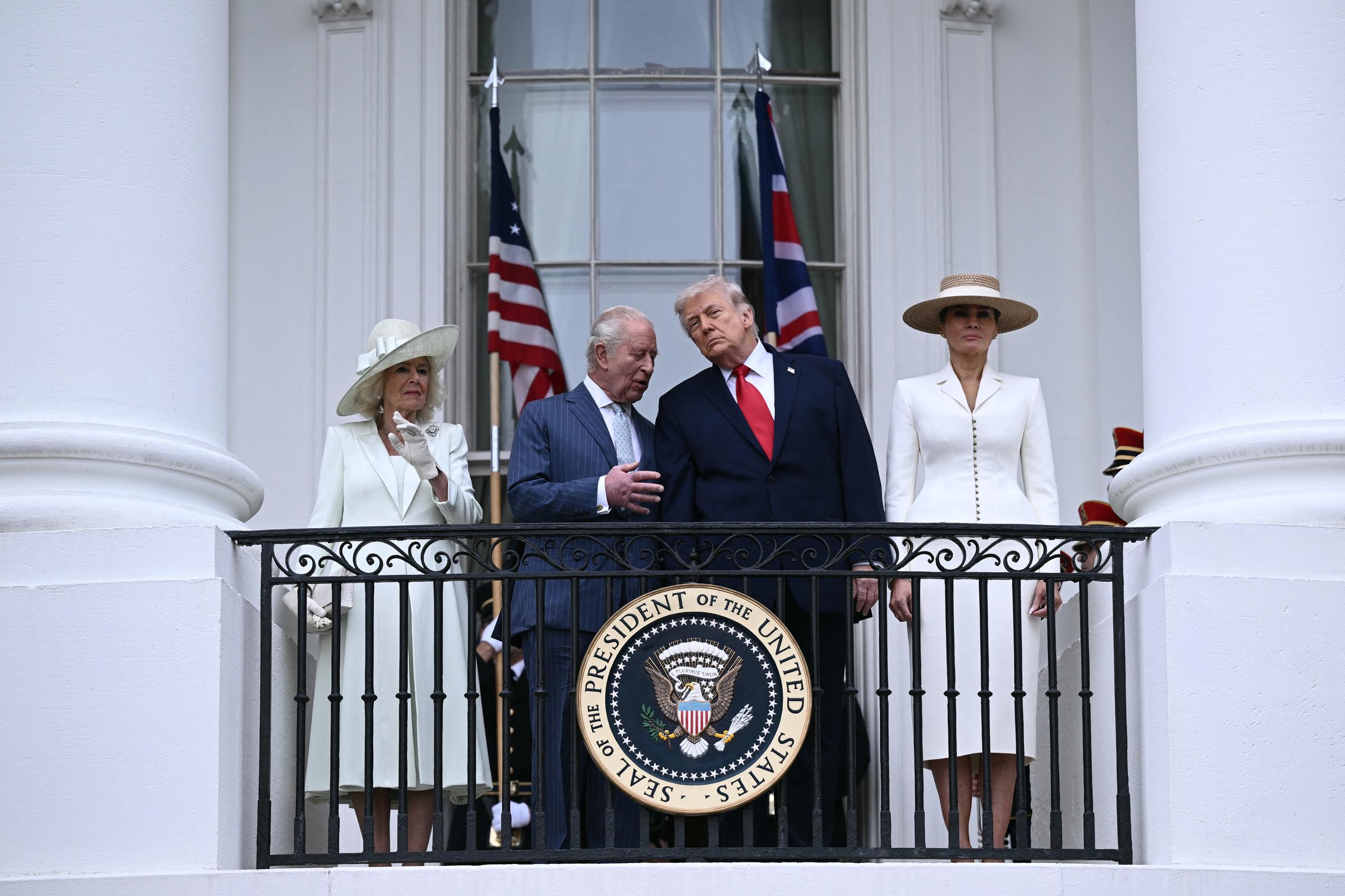 Donald and Melania Trump, King Charles III, and Queen Camilla pose on the White House balcony during the monarchs' arrival ceremony on the White House South Lawn, April 28, 2026. | Source: Getty Images