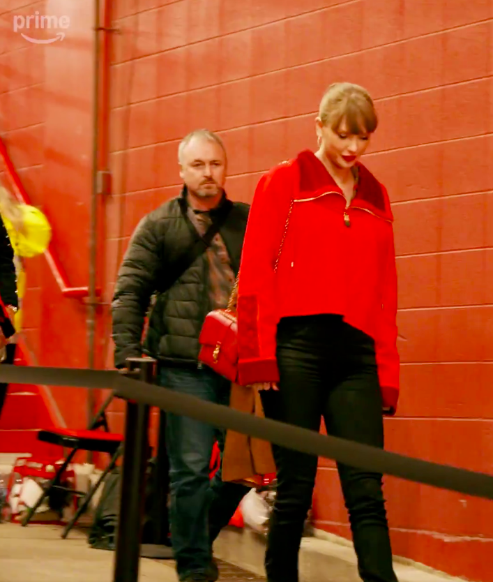 Taylor Swift walking ahead of Donna Kelce in Arrowhead Stadium, posted on November 29, 2024 | Source: X/@NFLonPrime