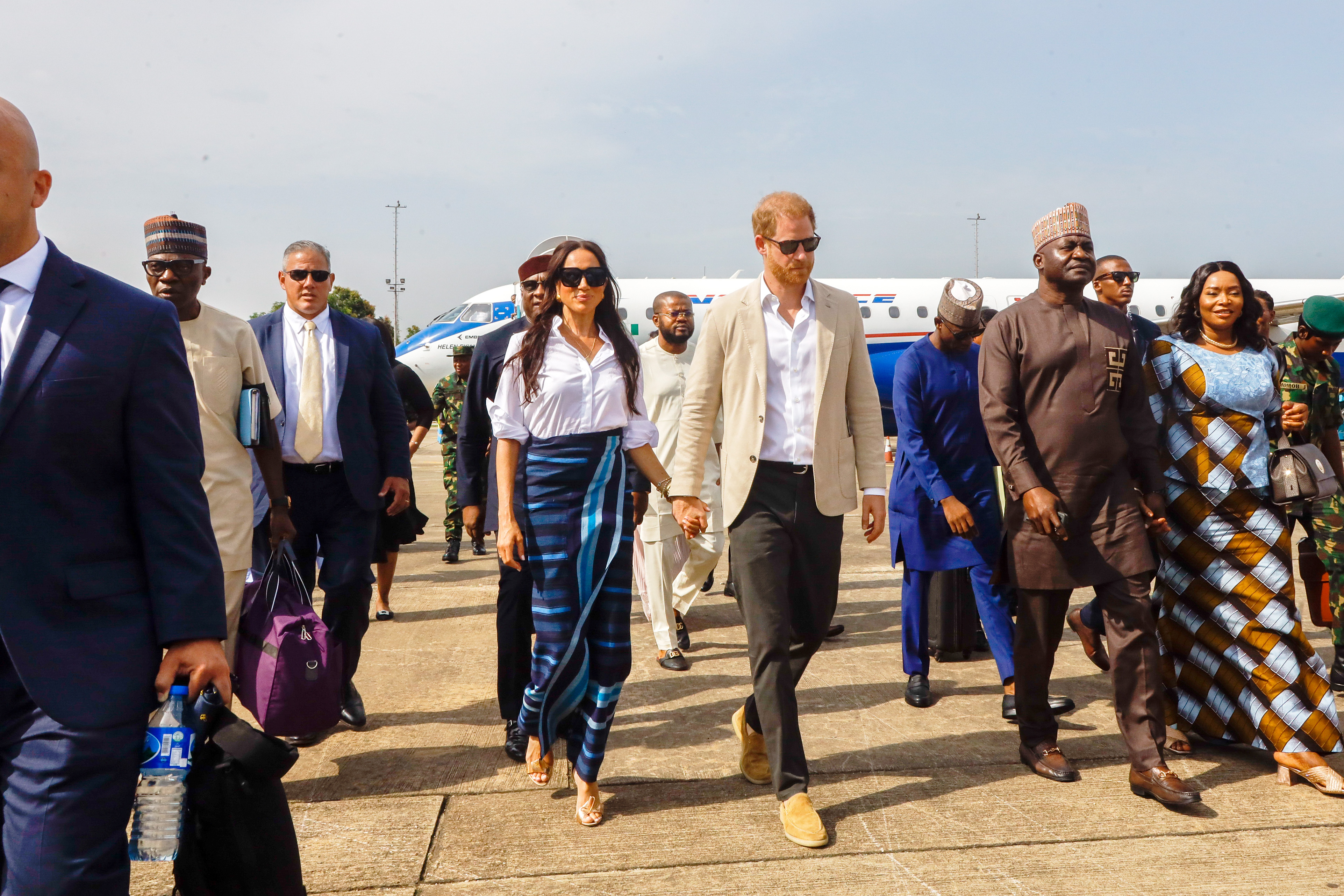 Meghan Markle and Prince Harry arriving at the Lagos airport for Official State Welcome in Lagos, Nigeria on May 12, 2024 | Source: Getty Images