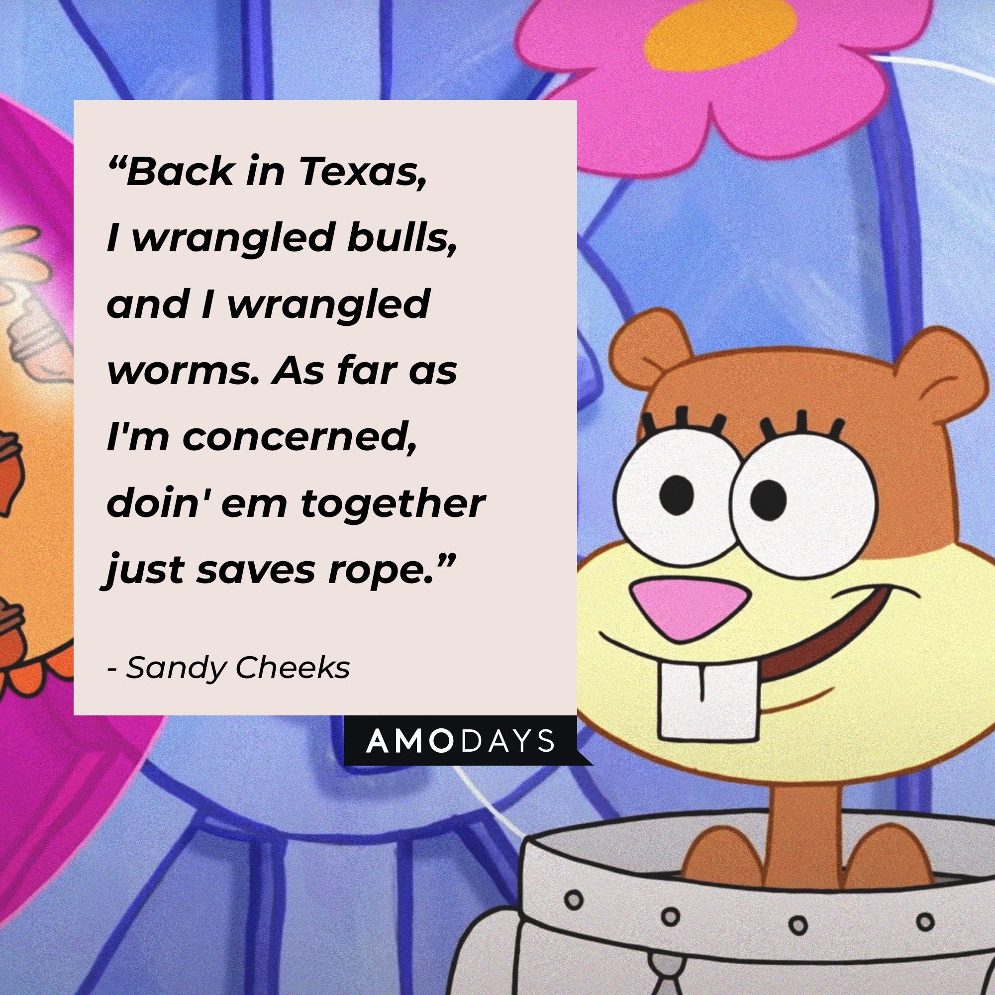  Sandy Cheeks's quote: "Back in Texas, I wrangled bulls, and I wrangled worms. As far as I'm concerned, doin' em together just saves rope.” | Image: AmoDays 