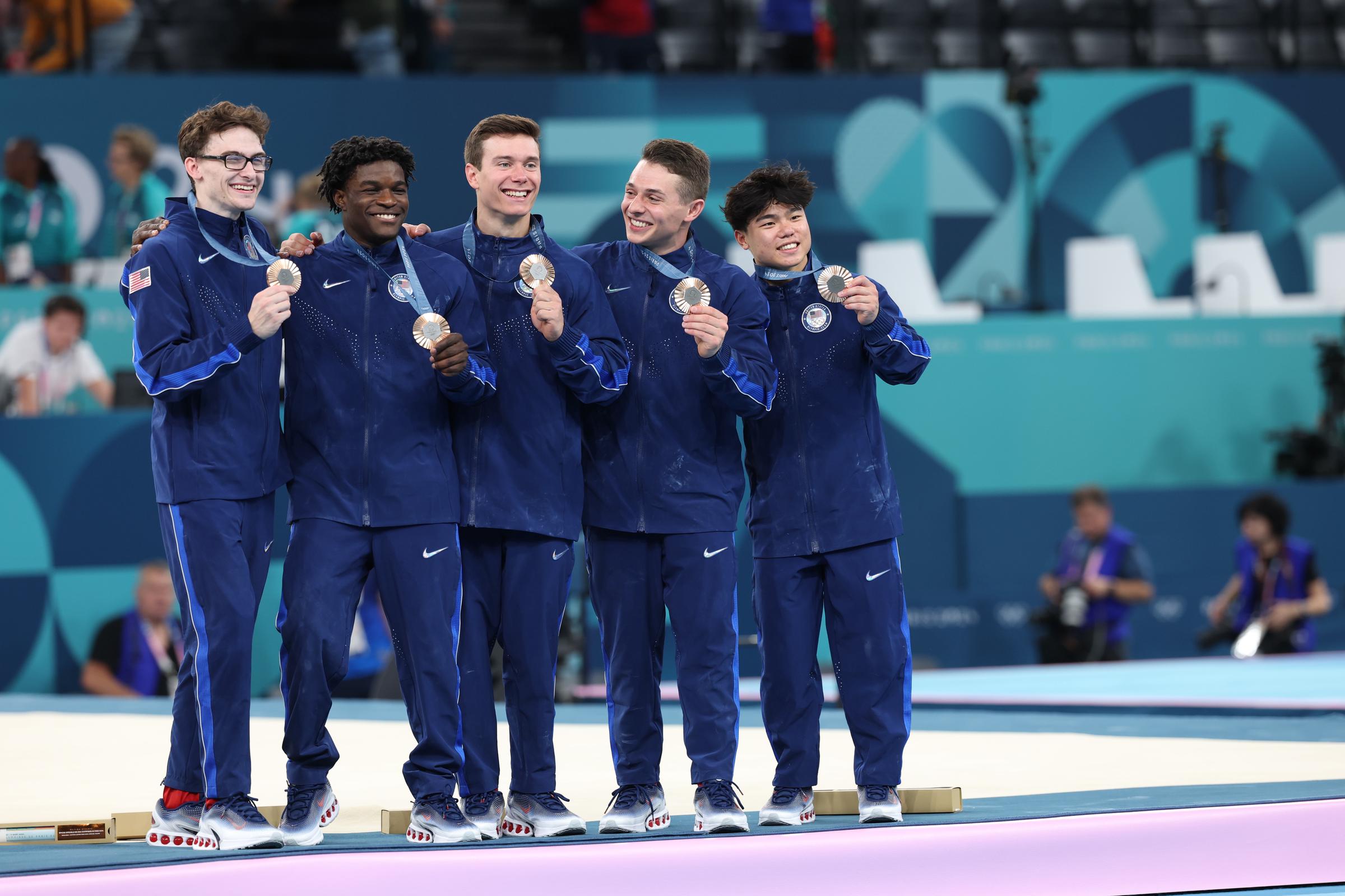 Team United States poses with their bronze medal during the podium ceremony for the Artistic Gymnastics - Men's Team Final on day 3 of the Paris 2024 Olympic Games on July 29, 2024 | Source: Getty Images