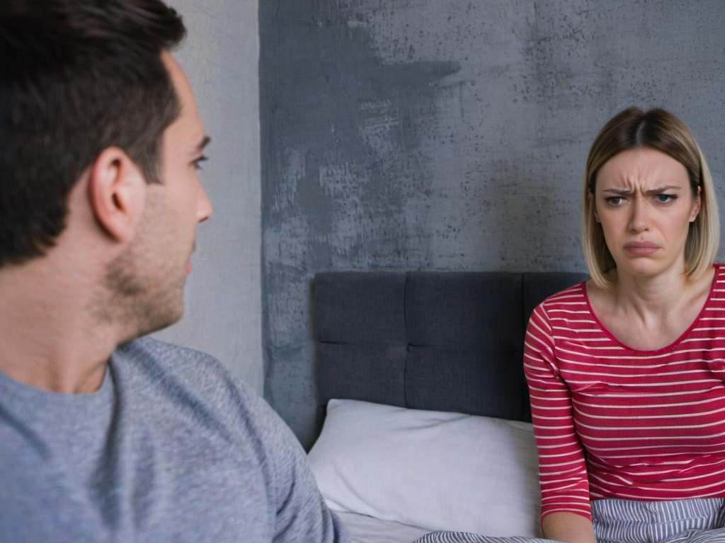 A disgruntled woman confronting a man in a bedroom | Source: Midjourney