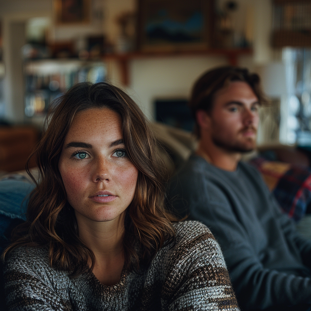 A woman looks thoughtful while sitting with her husband in their living room | Source: Midjourney