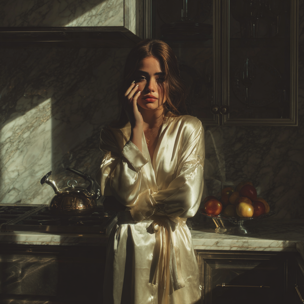 An emotional woman standing in a kitchen | Source: Midjourney