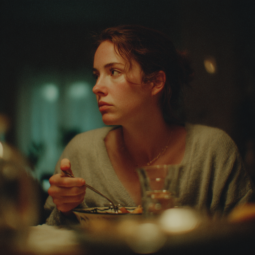 A woman holding a spoon at a dinner table | Source: Midjourney