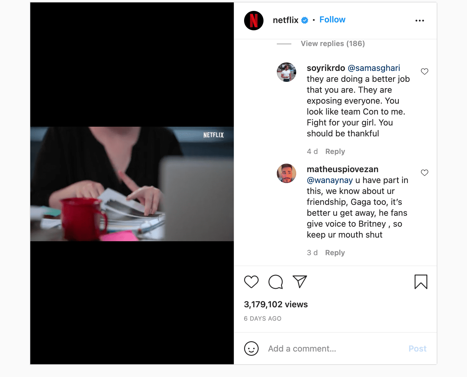 Comments made in response to Sam Asghari's now-deleted comment on the Netflix documentary announcement post on Instagram | Photo: Instagram @netflix