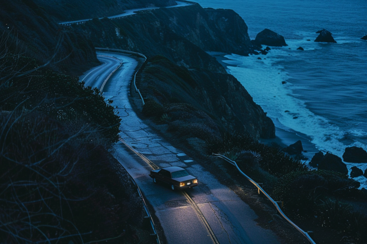 A car driving down a winding coastal road at night | Source: MidJourney