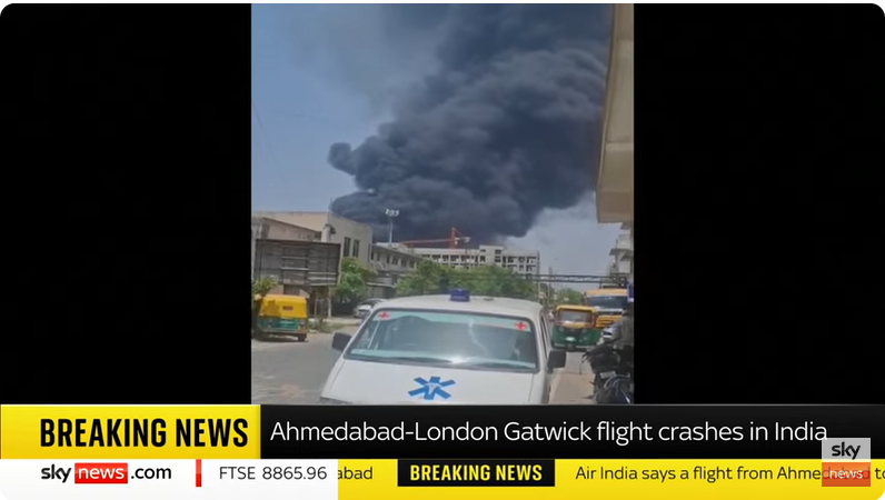Footage showing smoke from the plane crash, from a post dated June 12, 2025 | Source: Youtube/@SkyNews