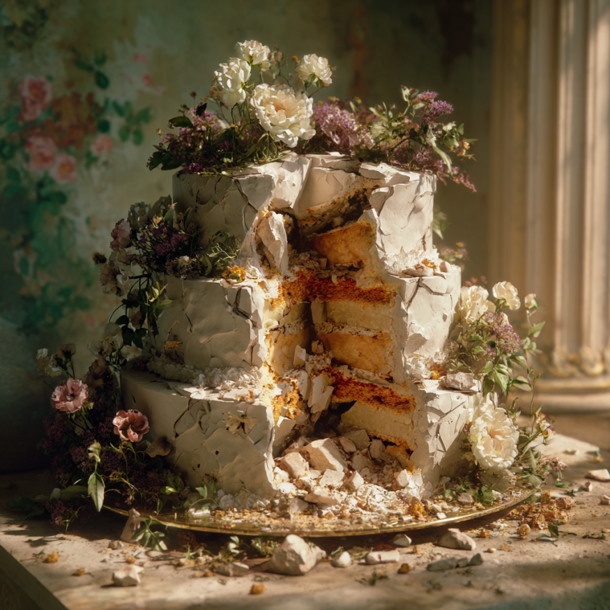 A ruined wedding cake | Source: Midjourney