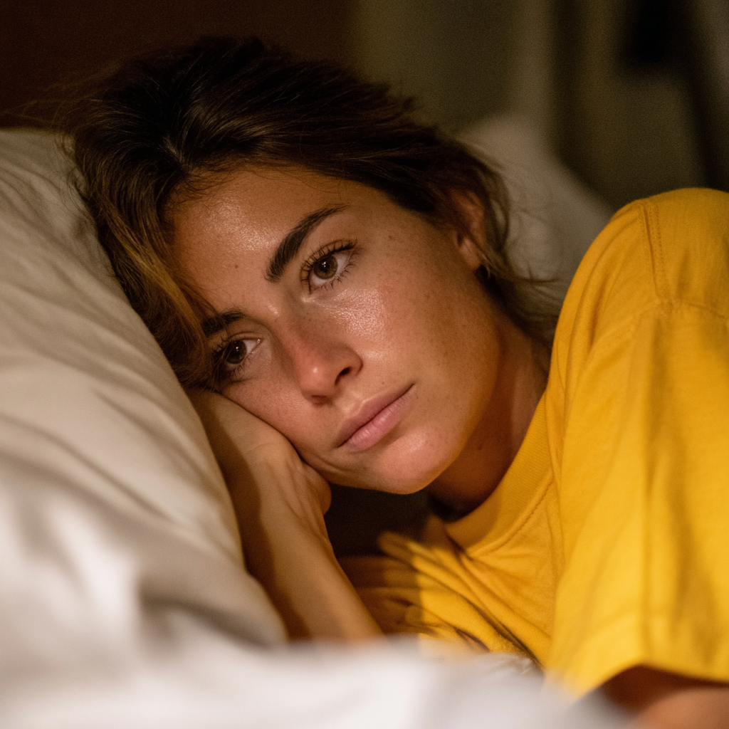 A worried woman lying in bed | Source: Midjourney