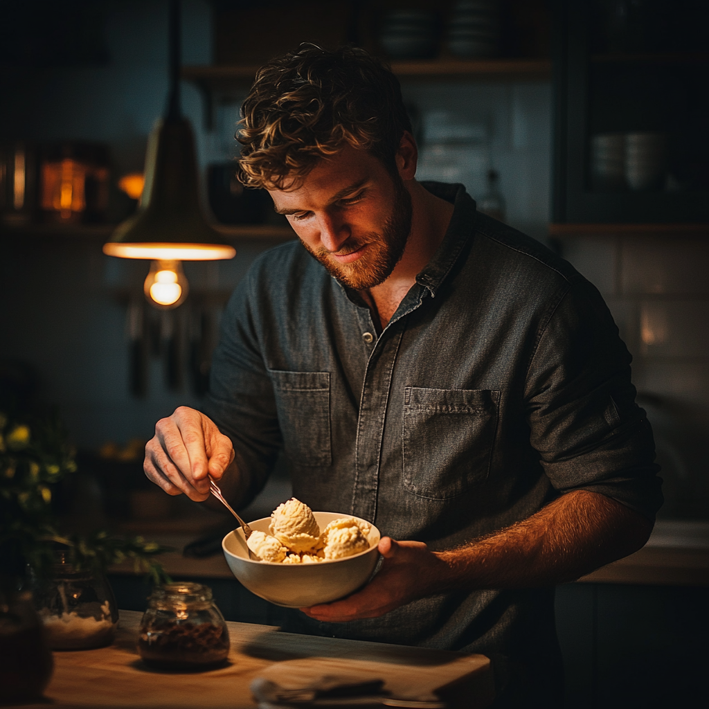 A man holding a bowl of ice cream | Source: Midjourney