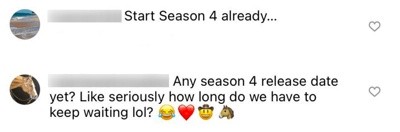 Fans comment on “Yellowstone’s” post wanting to know about season 4 in July 2021 | Photo: Instagram/yellowstone