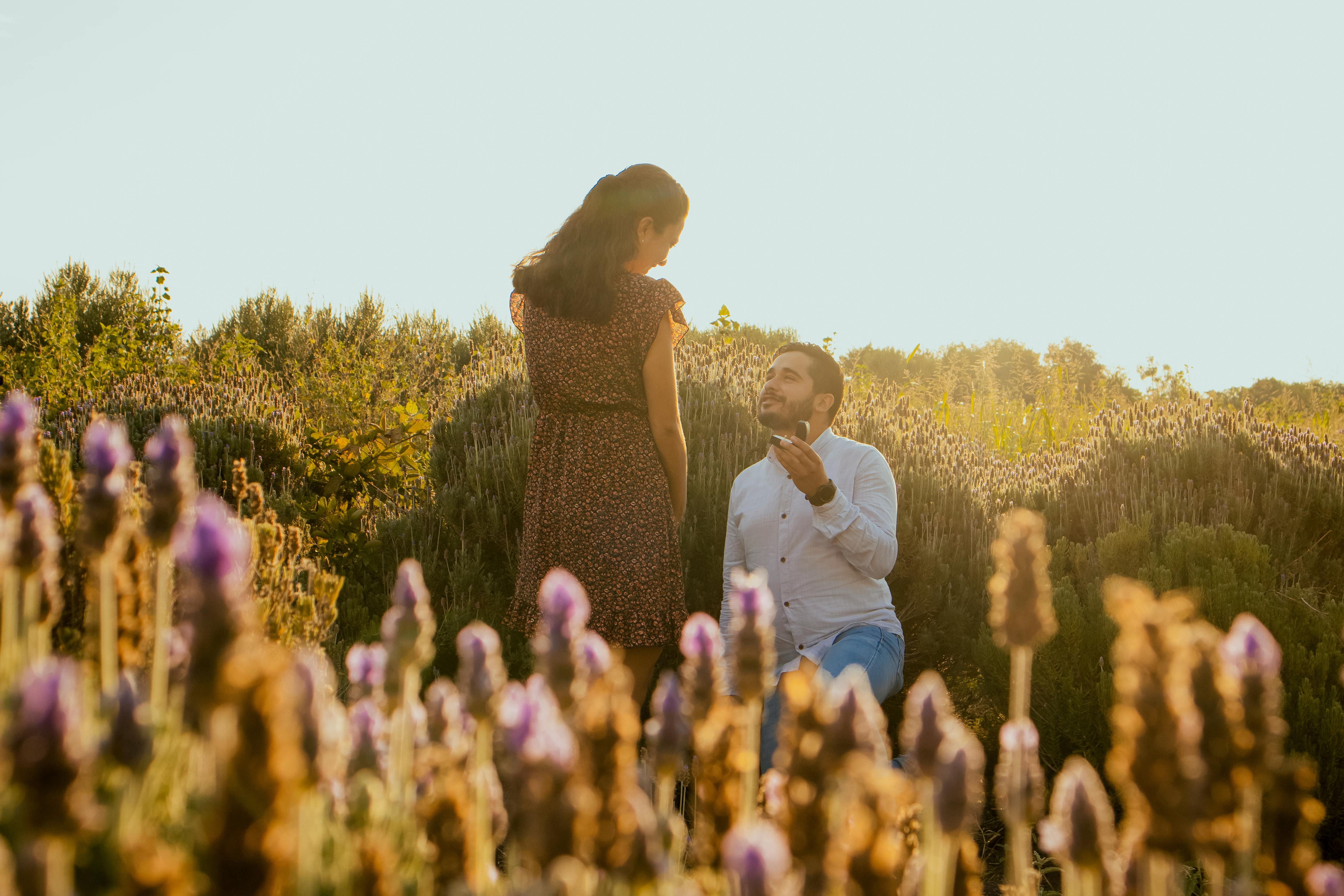 A man proposing to his girlfriend on a lavender field | Source: Pexels