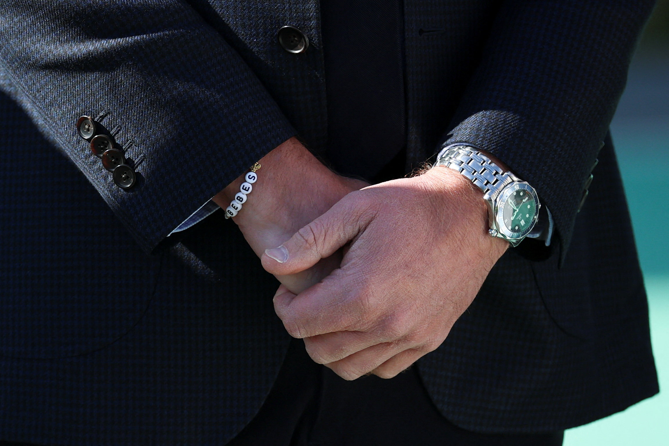 Prince William wears a bracelet with Bebe's name on it during his visit to Southport, England, on September 23, 2025 | Source: Getty Images