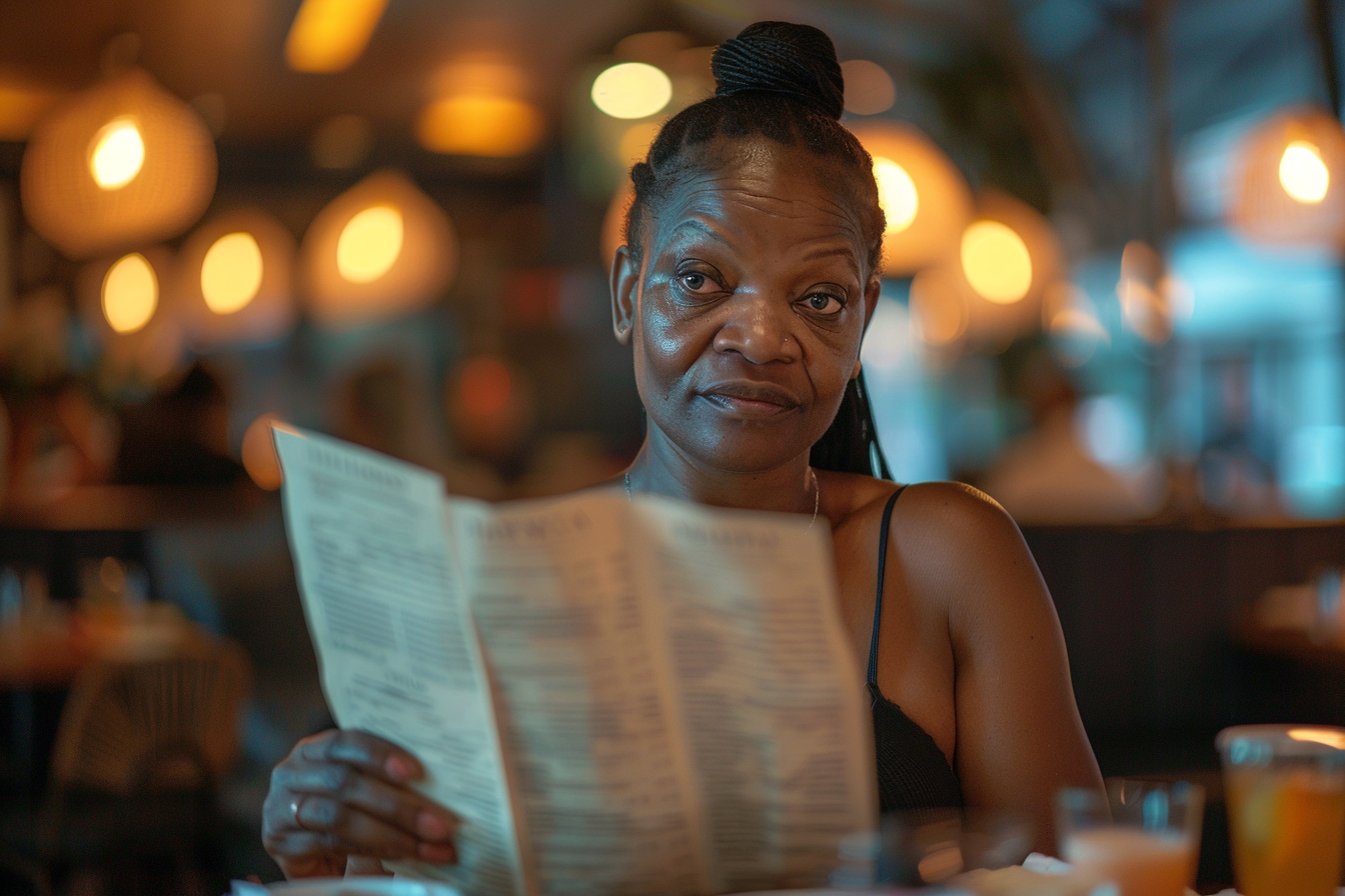 A woman with a raised eyebrow at a restaurant | Source: Midjourney