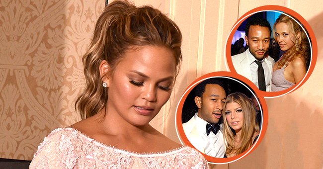 Chrissy Teigen at the 72nd Annual Golden Globe Awards [left], John Legend and Fergie at Movies Rock on December 2, 2007 [bottom circle], John Legend and Petra Nemcova at the 2007 Angel Ball on October 29, 2007 [top circle]| Photo: Getty Images