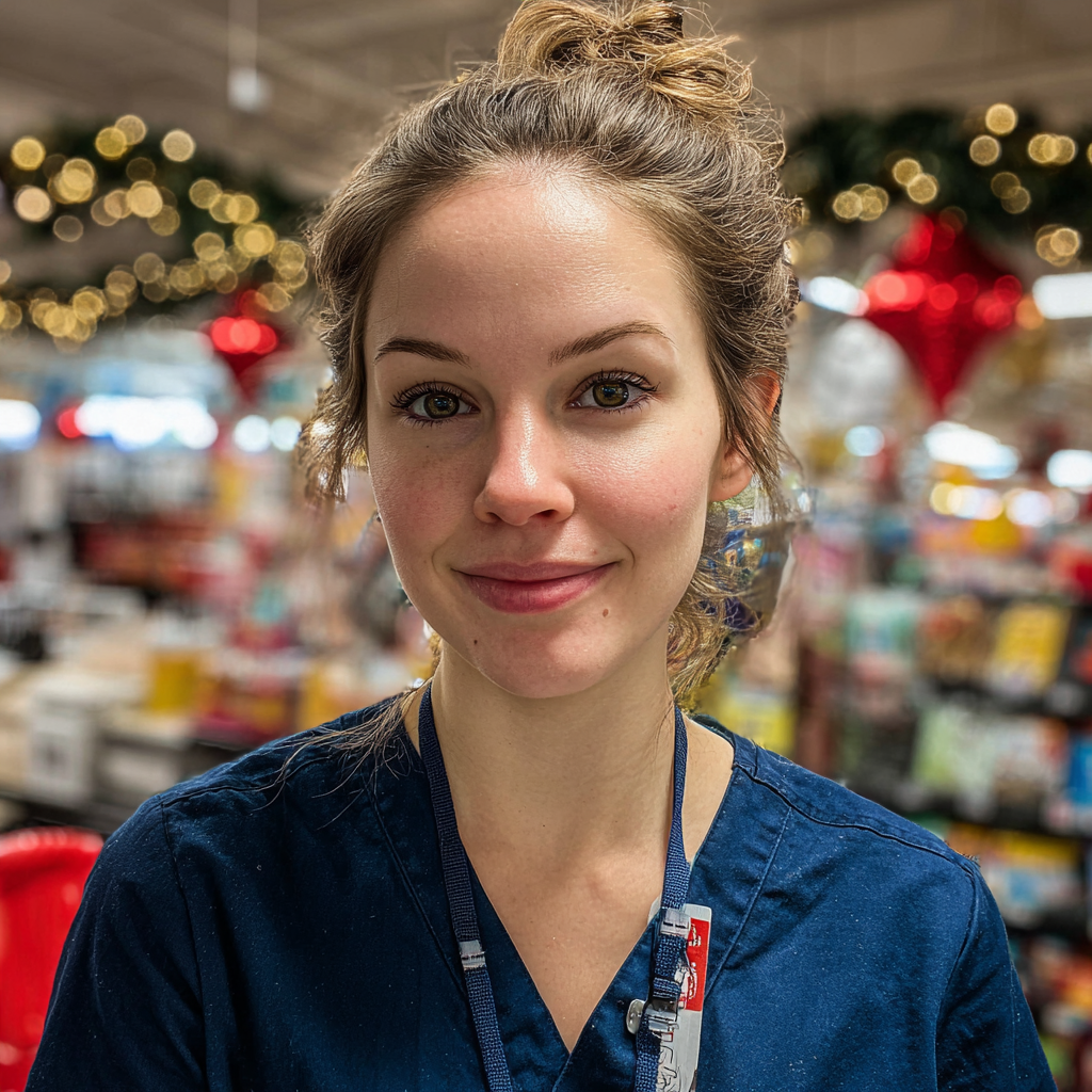 A smiling nurse standing in a grocery store | Source: Midjourney