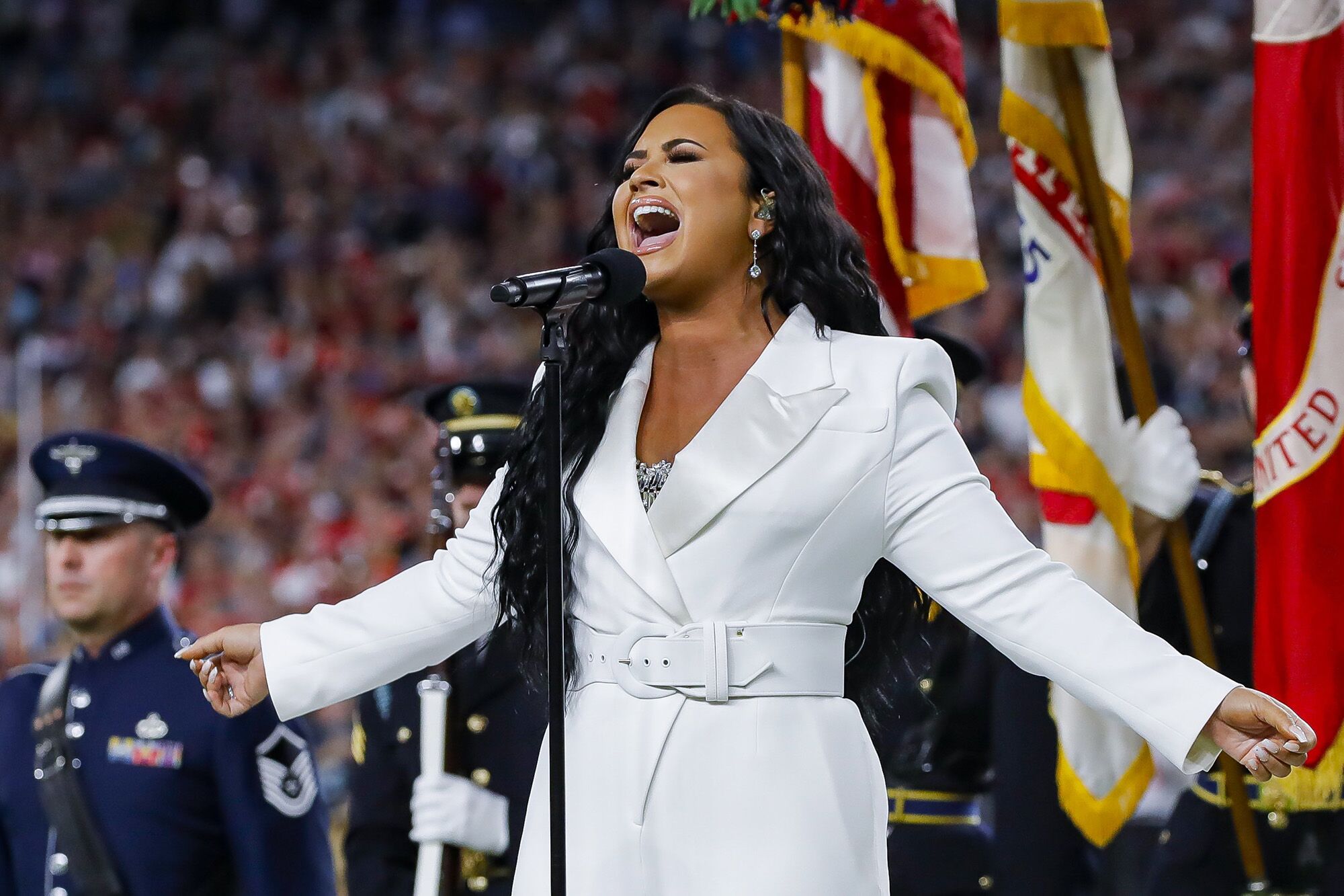 Demi Lovato performs the national anthem before the 2020 Super Bowl | Source: Getty Images