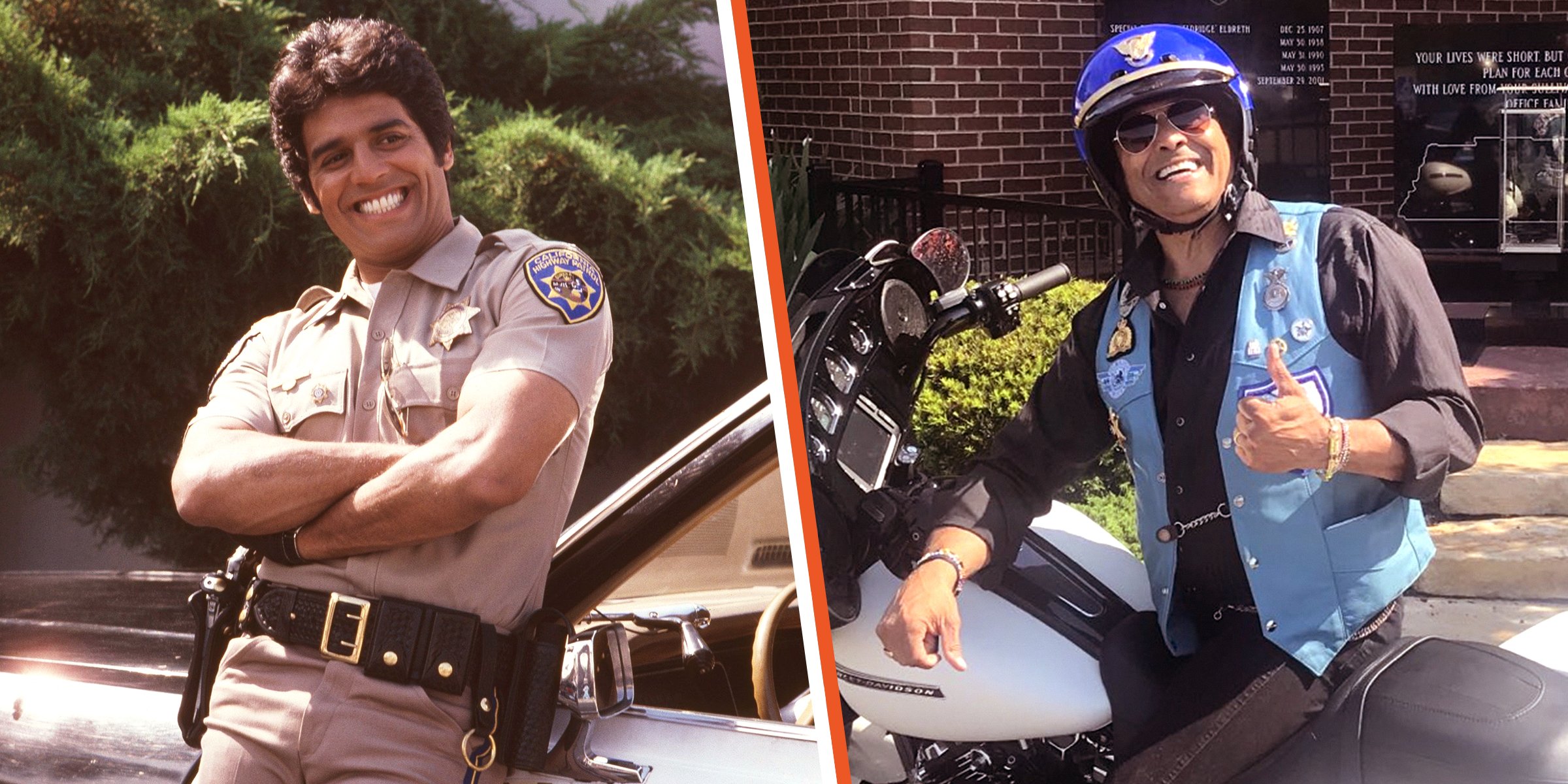 Erik Estrada en su papel de 'Ponch' en "CHiPs" [izquierda]; Erik Estrada sentado en su bicicleta mientras trabaja como un policía de la vida real [derecha]. | Foto: Getty Images - Twitter.com/ErikEstrada