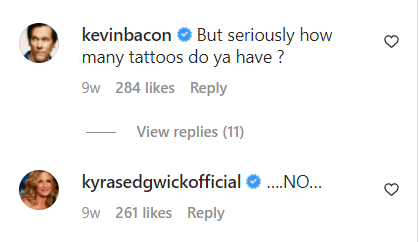 Kevin Bacon and Kyra Sedgwick's comments on Sosie Bacon's tattoo post on January 14, 2023 | Source: Instagram/sosiebacon