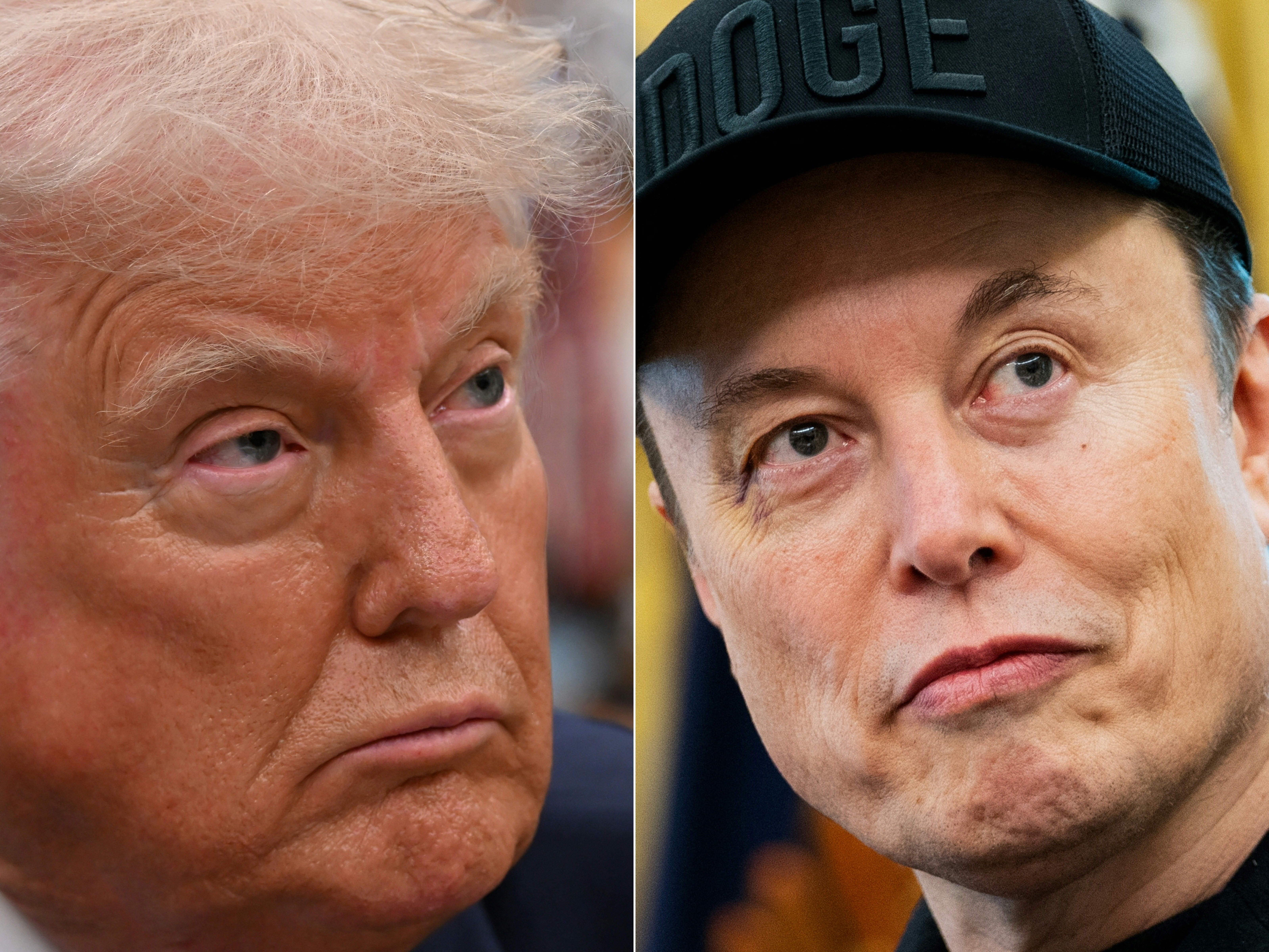 This combination of pictures created on June 5, 2025, shows US President Donald Trump in the Oval Office of the White House, in Washington, DC, on May 5, 2025, and Elon Musk in the Oval Office of the White House in Washington, DC, on May 30, 2025. | Source: Getty Images