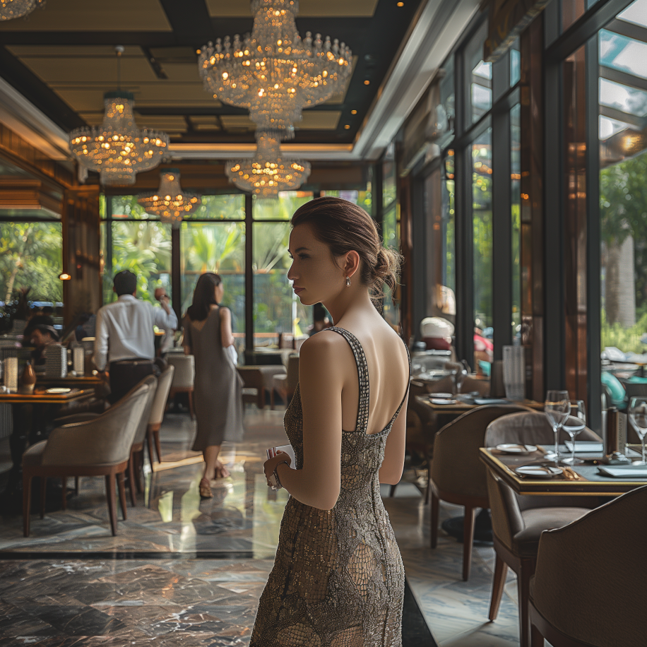 A woman in a stunning dress standing in a restaurant | Source: Midjourney