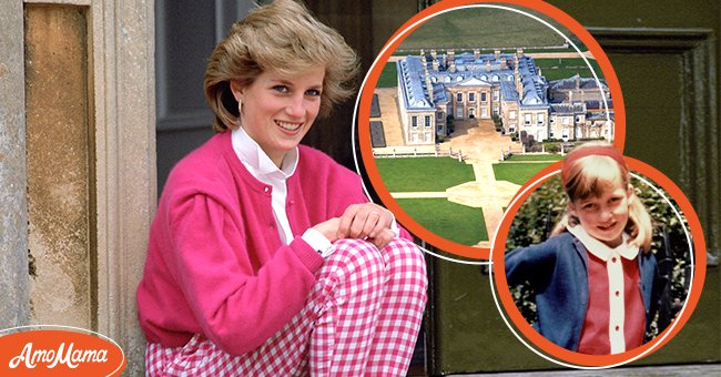 (L) Princess Diana pictured sitting on the steps of Highgrove House. (M) An aerial view of Althorp located on the Harlestone Road in Northampton. (R) Family album picture of Lady Diana Spencer in Cadogan Place Gardens, London, in 1968. / Source: Getty Images