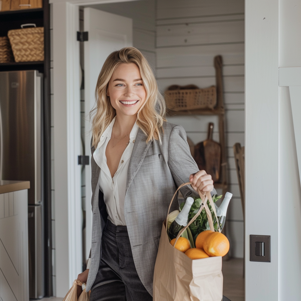 Woman smiling as she enters her home with a bag of groceries | Source: Midjourney