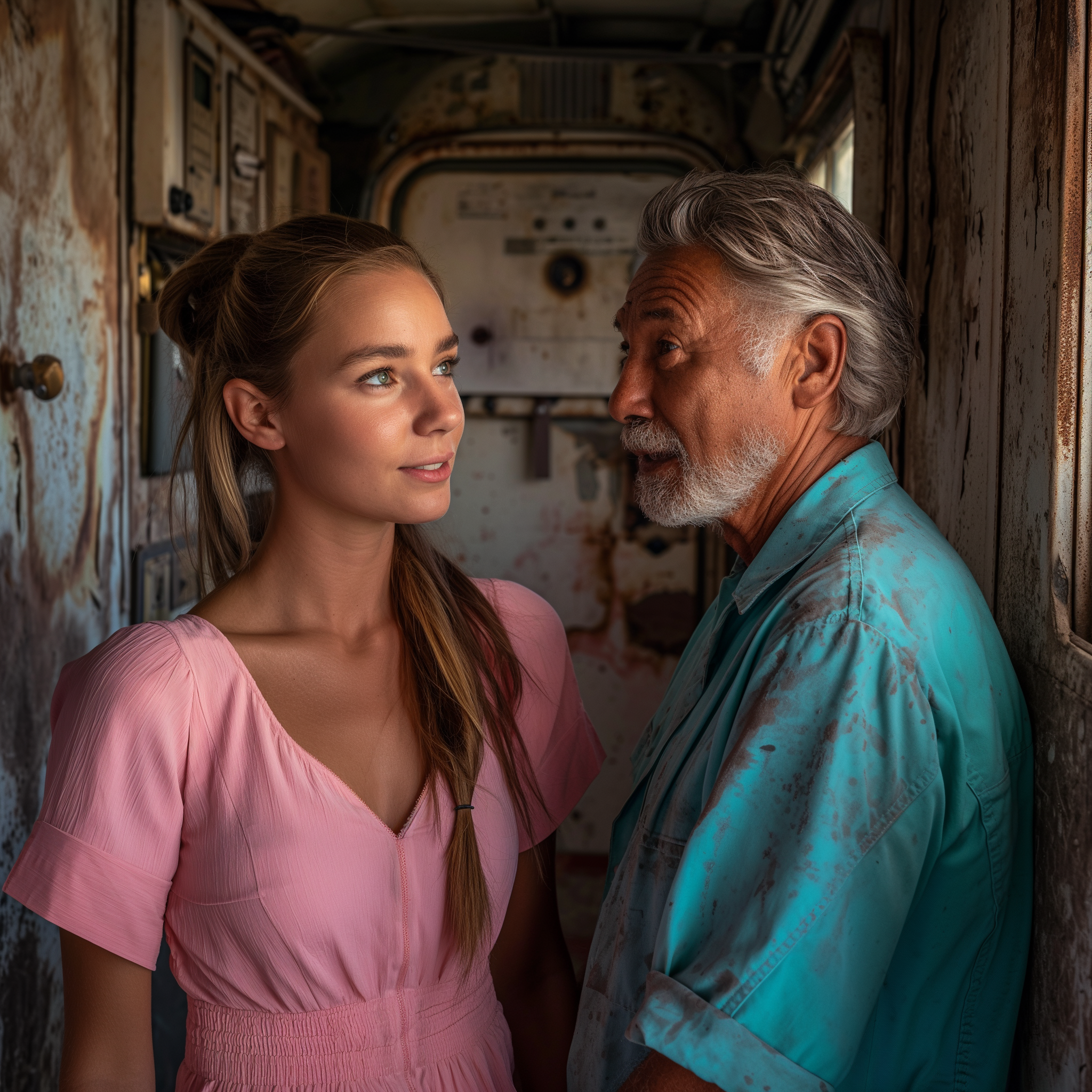 A woman talking to an old janitor while standing in an old trailer | Source: Midjourney