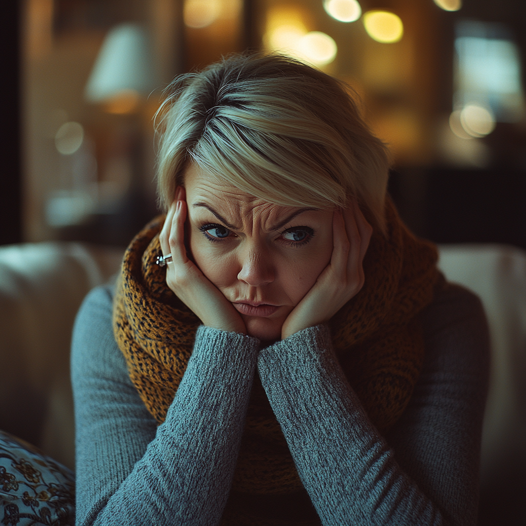 A concerned woman in an apartment | Source: Mijourney