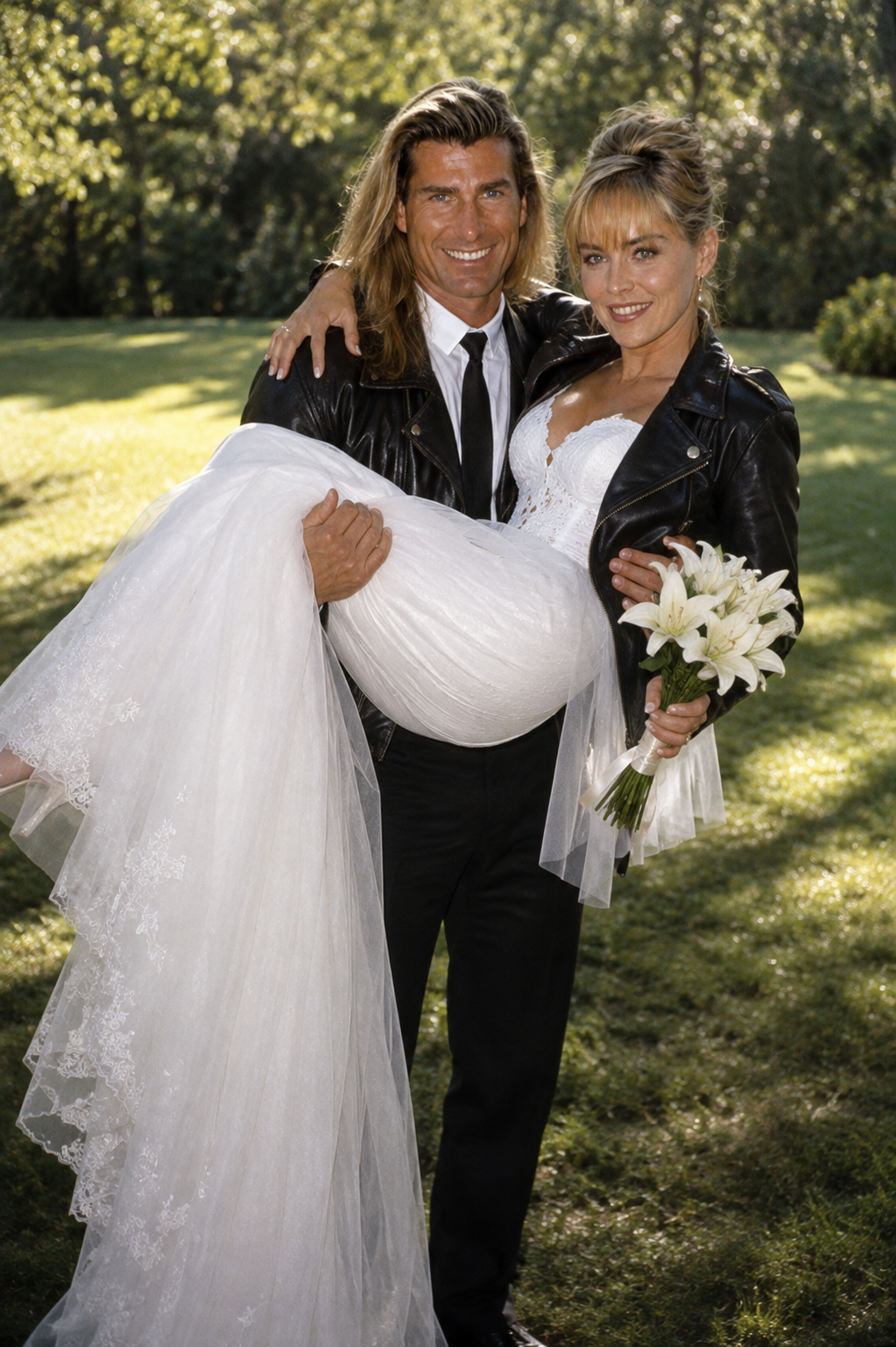An AI creation captures Fabio carrying Sharon Stone across a grassy lawn during their wedding celebration, combining classic bridal style with Hollywood drama. | Source: ChatGPT