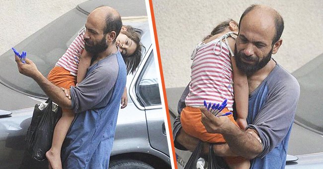 Abdul Halim Attar carga a su hija y vende bolígrafos en la calle | Foto: Twitter.com/GissiSim