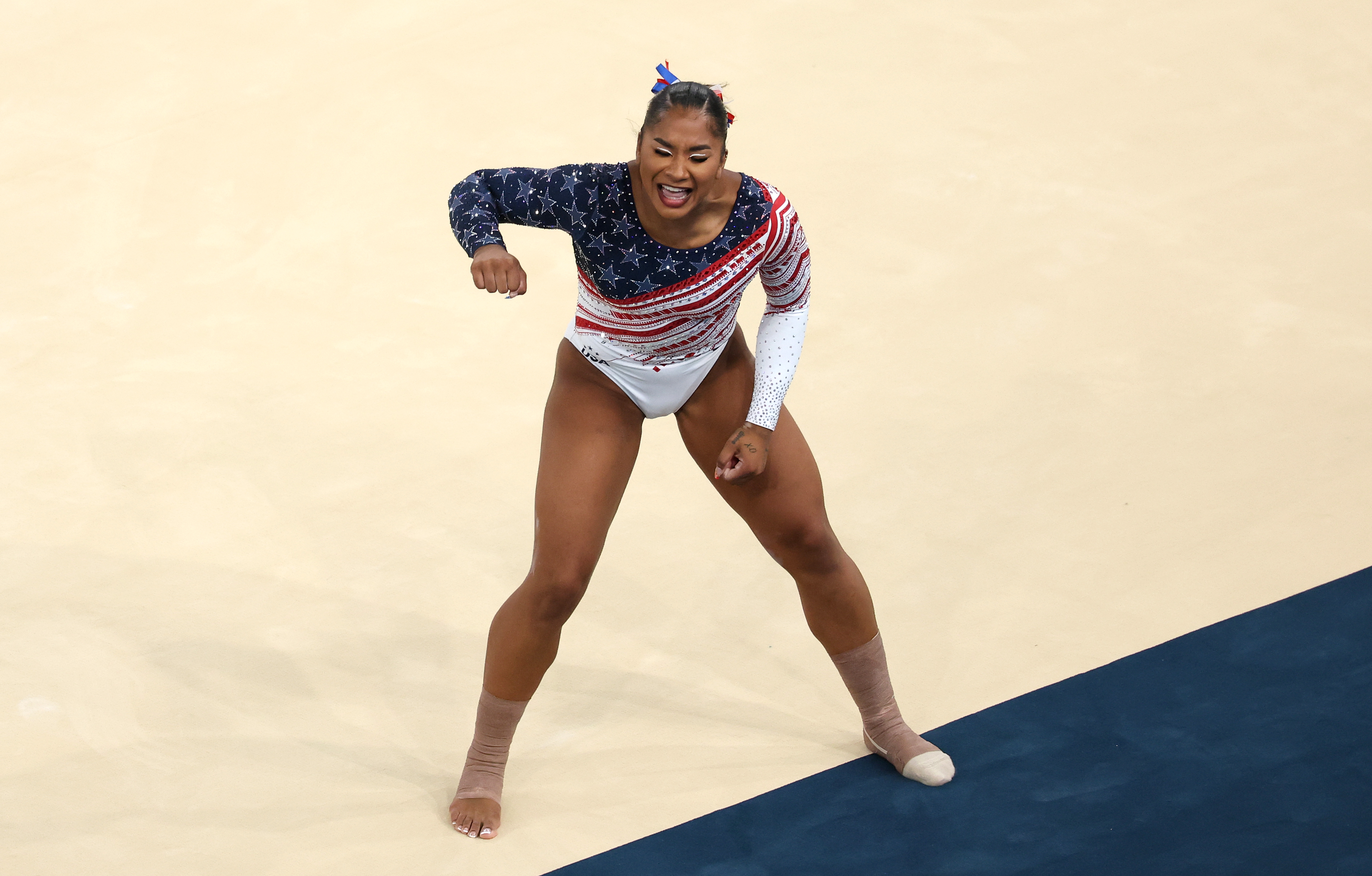 Jordan Chiles reacts after her floor exercise routine during the Women’s Team Final at the 2024 Paris Olympics on July 30, 2024 | Source: Getty Images