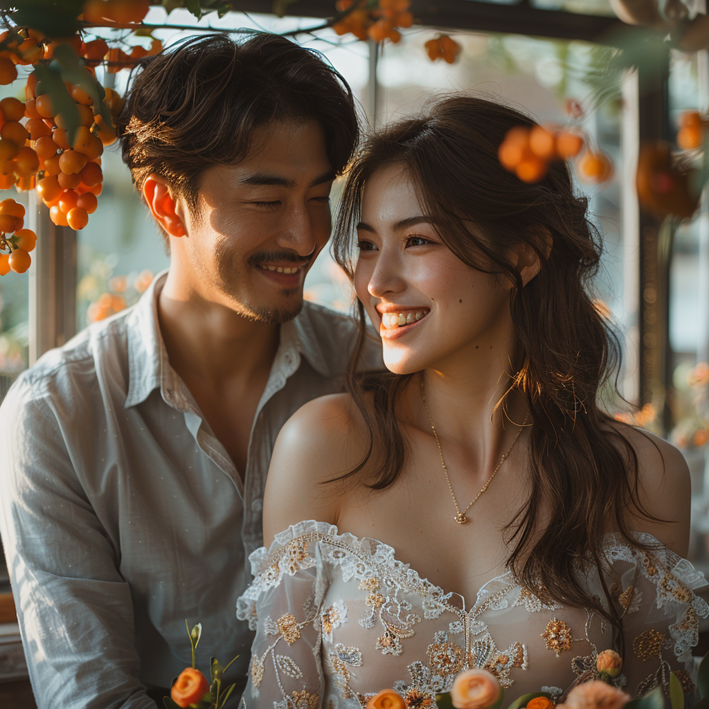 Happy Asian couple looking at each other | Midjourney