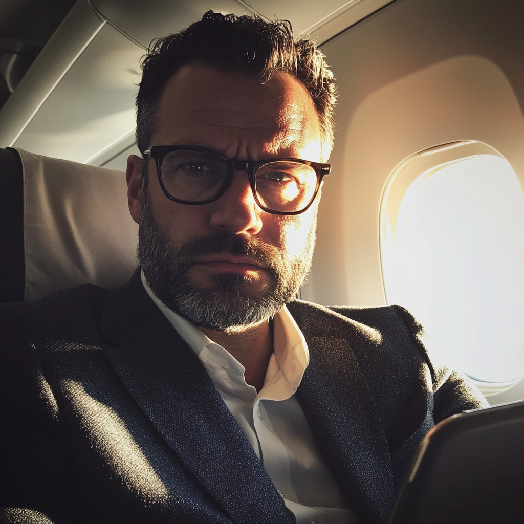 A business man sitting in an airplane | Source: Midjourney