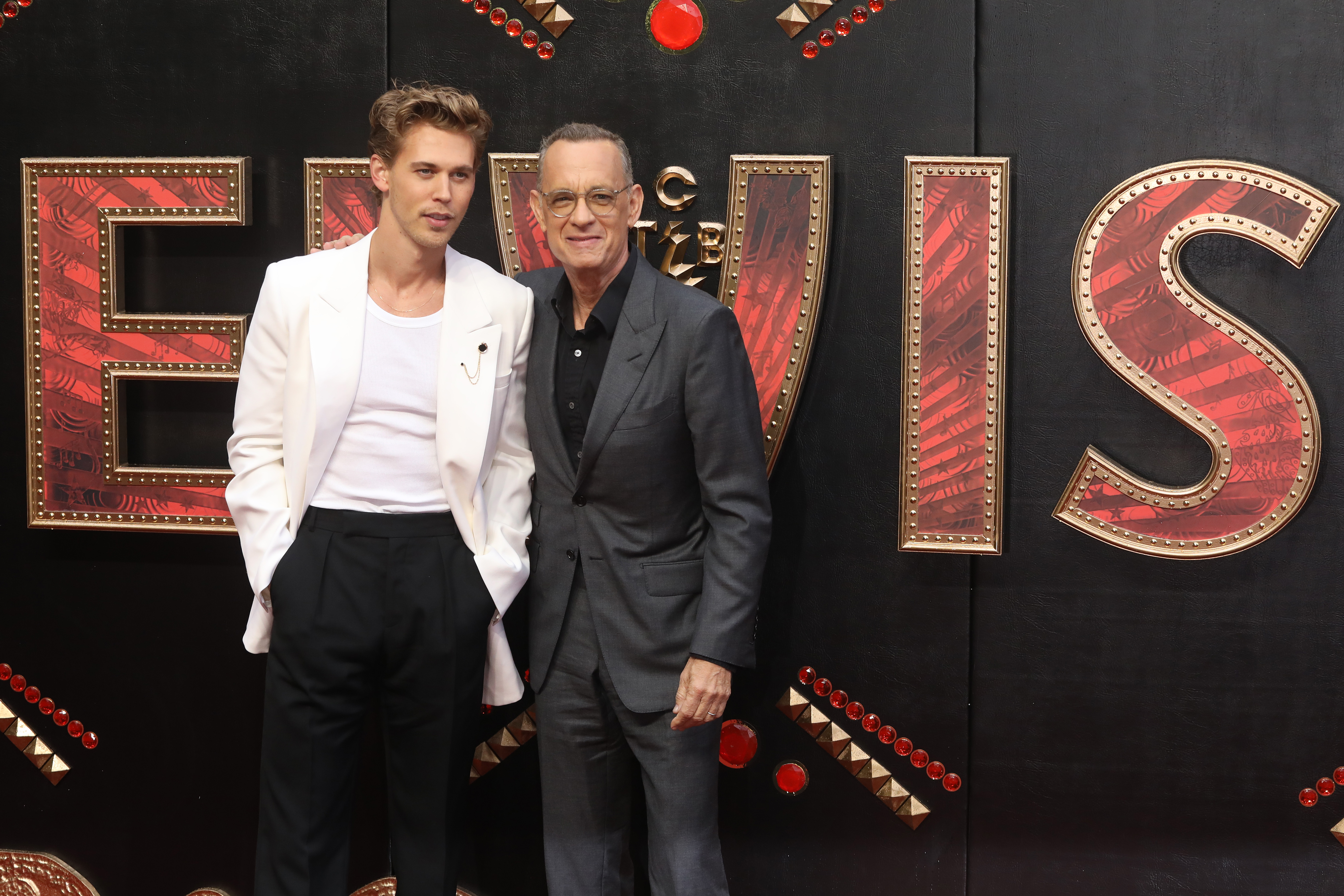 Austin Butler and Tom Hanks at the UK screening of "Elvis" in London, England on May 31, 2022 | Source: Getty Images