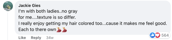 A fan agrees with Ripa and Cher on the gray hair debate | Source: Facebook/Mommy Needs Vodka