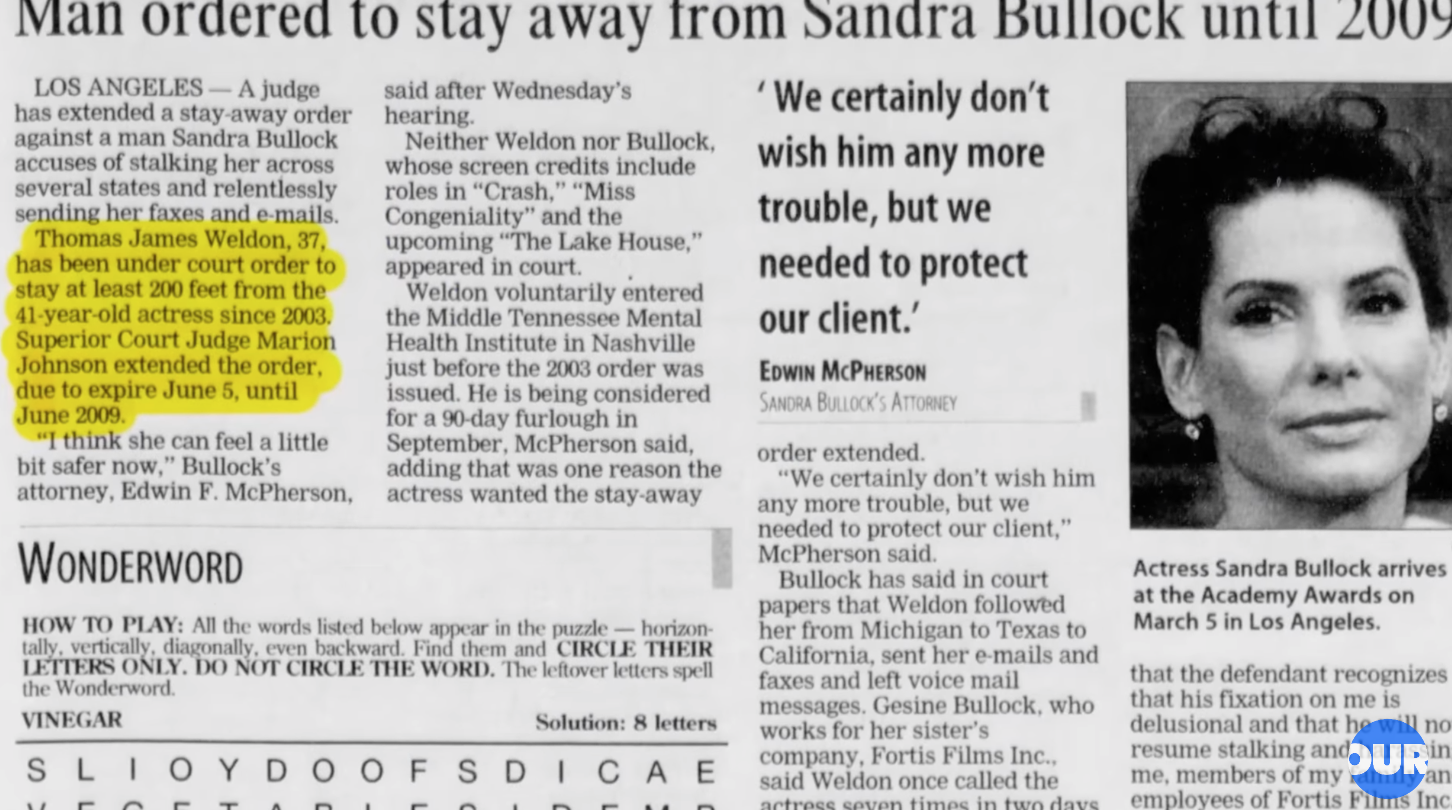 A newspaper clipping on Thomas Walden, Sandra Bullock's first-known stalker. | Source: Youtube.com/Our History