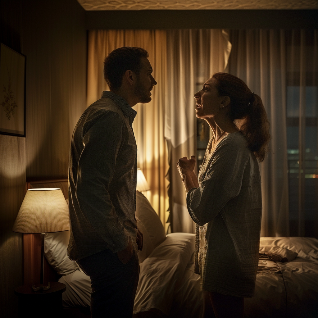 A couple arguing in a hotel room | Source: Midjourney