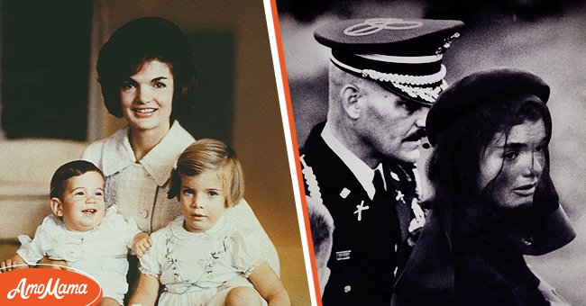 First Lady of the US Jackie Kennedy posing with her children John F. Kennedy Jr. and Caroline Bouvier Kennedy, circa 1961, and Jackie at the funeral of her husband John F. Kennedy Sr. on November 23, 1963, in Washington, D.C. | Source: Rolls Press/Popperfoto & Dick Kraus/Newsday RM/Getty Images