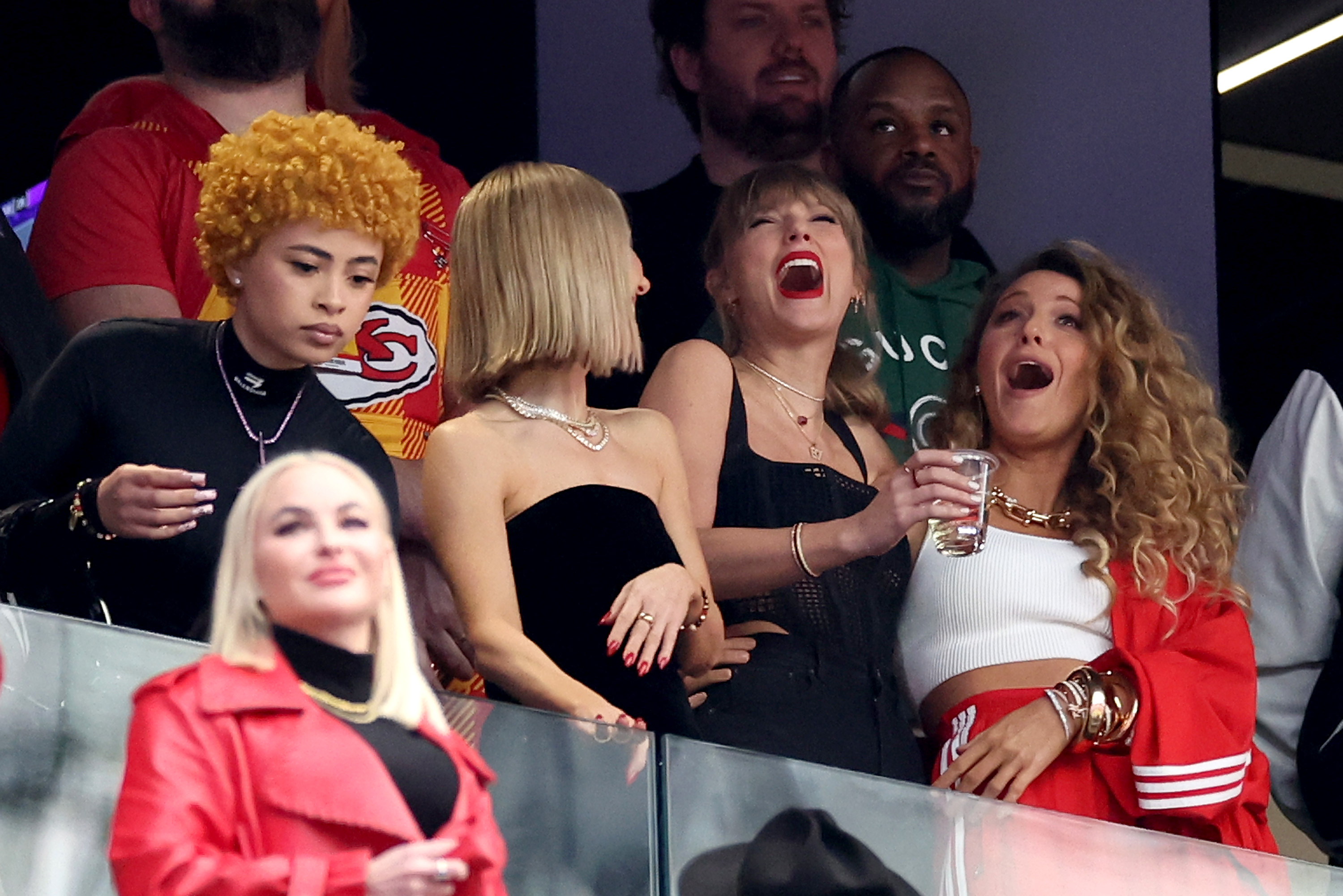 Ice Spice, Taylor Swift, and Blake Lively during Super Bowl LVIII at Allegiant Stadium on February 11, 2024, in Las Vegas, Nevada. | Source: Getty Images