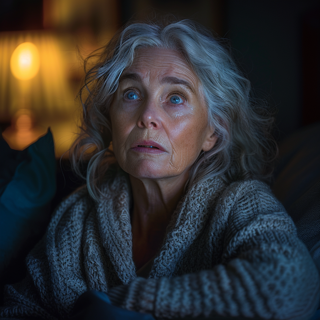 An older woman is shocked while sitting on the couch late at night | Source: Midjourney