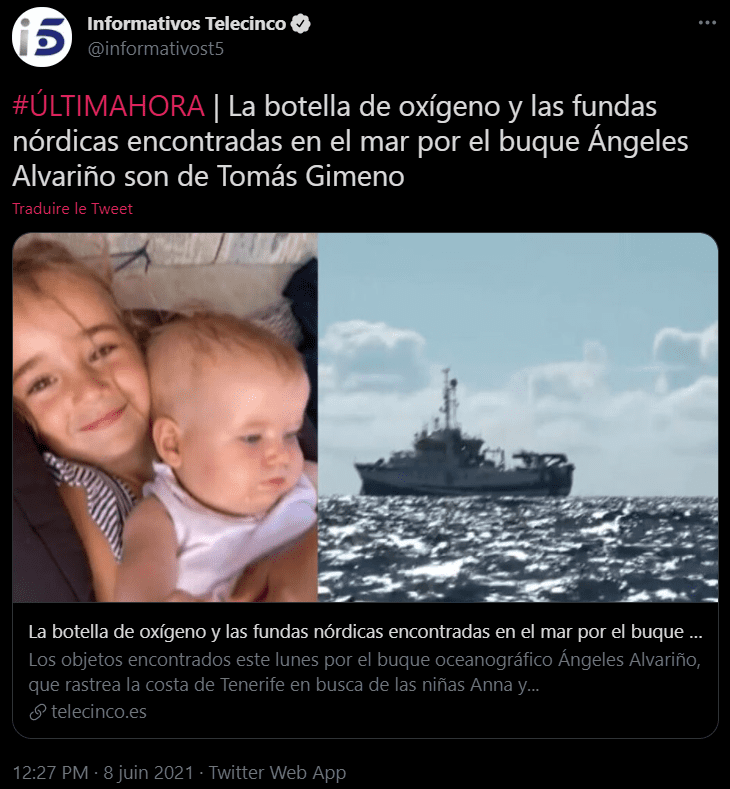 Capture d'écran du tweet d'Informativos Telecinco, sur l'affaire d'Olivia et Anna.| Photo : Twitter